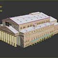 Classical Building Model Featuring White Roof Beige Walls Columns Green Awning Entrance Multi Story Design