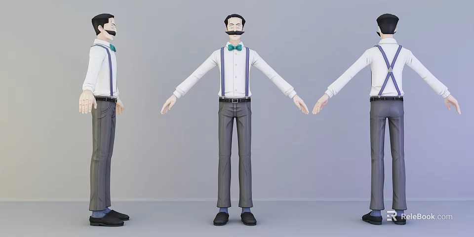 Game Film Character With White Shirt Blue Suspenders Green Bow Tie Gray Pants Black Shoes 3d model 