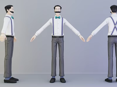 Game Film Character With White Shirt Blue Suspenders Green Bow Tie Gray Pants Black Shoes 3d model