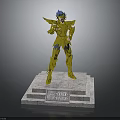 Detailed Golden Armor Figure With Blue Hair Standing On Stone Pedestal Featuring Aries Shion Inscription