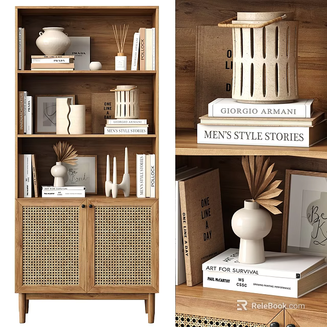 Modern Decorative Ornament Combination With Wooden Bookshelf Stacked Books And Minimalist Decor Items 3d model 