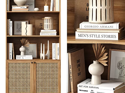 Modern Decorative Ornament Combination With Wooden Bookshelf Stacked Books And Minimalist Decor Items 3d model
