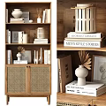 Modern Decorative Ornament Combination With Wooden Bookshelf Stacked Books And Minimalist Decor Items