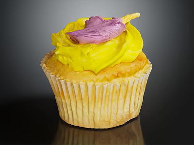 Appetizing Cupcake With Yellow Frosting And Purple Decoration On Ruffled Paper Liner 3d model