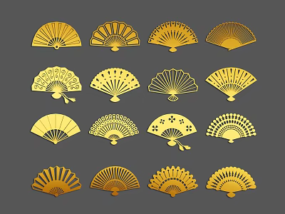 Golden Fan Shaped Decorative Pendants With Various Intricate Patterns for Home Decor 3d model