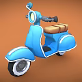 Blue Retro Scooter with Brown Seat and White Accents on Orange Background