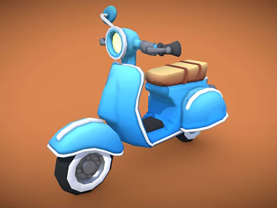 Blue Retro Scooter with Brown Seat and White Accents on Orange Background 3d model