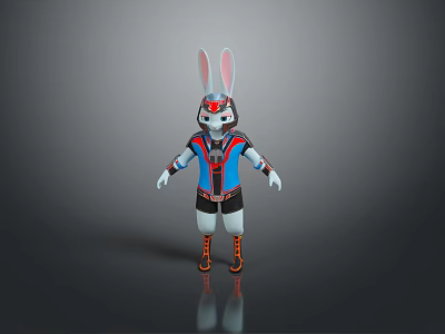 Cartoon Rabbit Character With Long Ears Blue Red Outfit Black Shorts And Orange Shoes 3d model