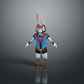 Cartoon Rabbit Character With Long Ears Blue Red Outfit Black Shorts And Orange Shoes