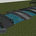 Modern Landscape Bridge with Multiple Arched Design Over Reflecting Water in Green Grassy Area