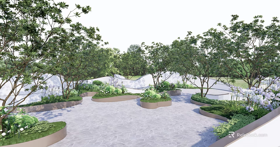 Serene Park Landscape With Lush Trees Circular Flower Beds And Paved Ground 3d model 