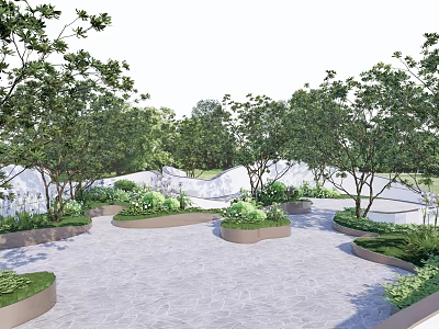 Serene Park Landscape With Lush Trees Circular Flower Beds And Paved Ground 3d model