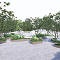 Serene Park Landscape With Lush Trees Circular Flower Beds And Paved Ground