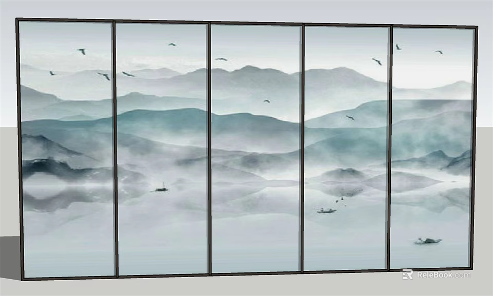 Modern Elegant Sofa Background Wall With Ink Mountain Water Landscape Painting 3d model 