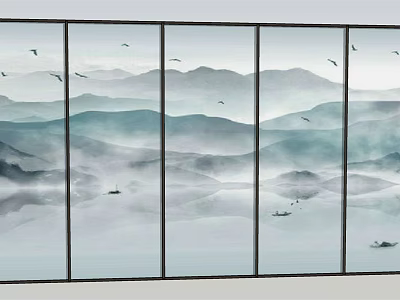 Modern Elegant Sofa Background Wall With Ink Mountain Water Landscape Painting 3d model
