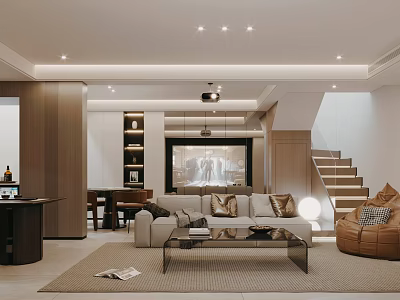Modern Living And Dining Room Interior With Sofa Coffee Table And Staircase 3d model