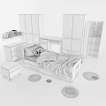 Kids Bed with Yellow Blanket Blue Pillow Wardrobe Desk Bookshelf and Green Rugs