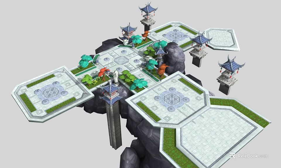 Cartoon Scene With Floating Platforms Chinese Pavilions Green Plants And Rock Formations 3d model 