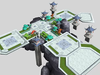 Cartoon Scene With Floating Platforms Chinese Pavilions Green Plants And Rock Formations 3d model