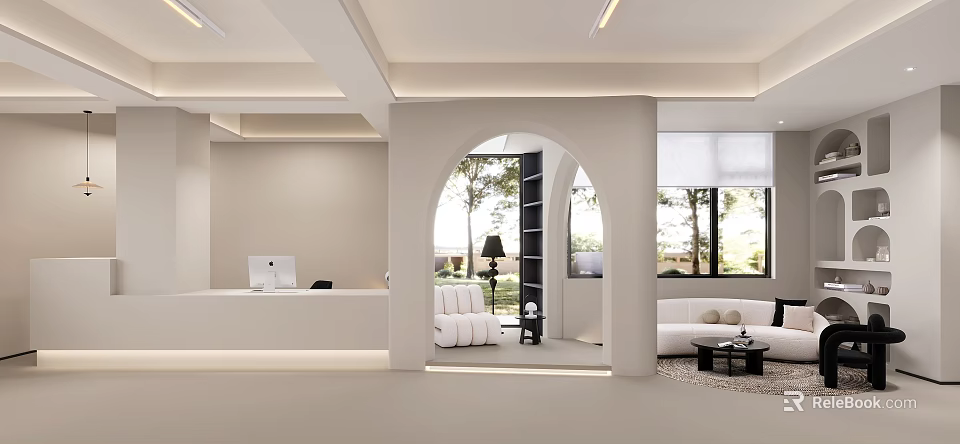 Modern White Reception Desk Interior With Arched Doorway Sofa Bookshelf And Natural Light 3d model 