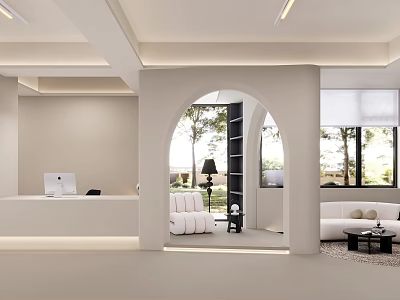 Modern White Reception Desk Interior With Arched Doorway Sofa Bookshelf And Natural Light 3d model