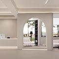 Modern White Reception Desk Interior With Arched Doorway Sofa Bookshelf And Natural Light