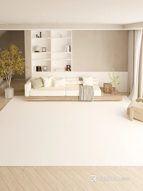 Modern Living Room Interior Design With White Sofa Wooden Bookshelf Green Plant And Curtains 3d model 