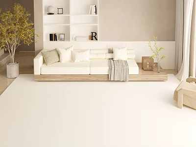 Modern Living Room Interior Design With White Sofa Wooden Bookshelf Green Plant And Curtains 3d model