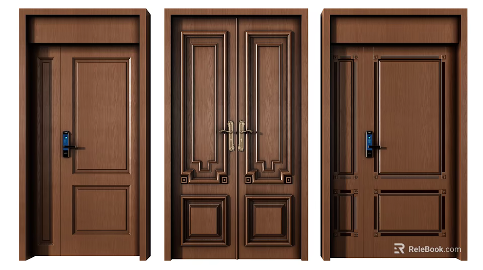 Master and Slave Door In Brown Wooden Carved Design For Home Interior 3d model 