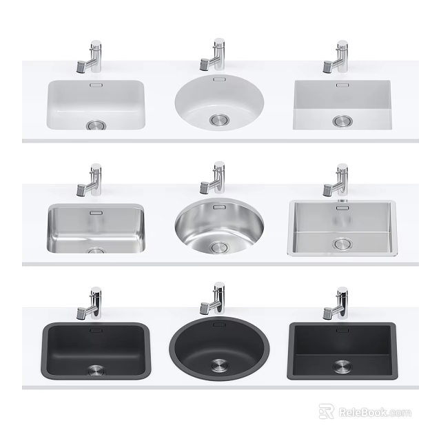 Various Kitchen Sinks with White Silver Black Colors and Square Round Shapes 3d model