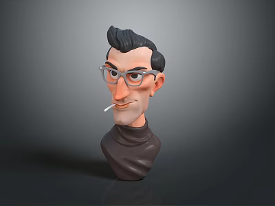 3D Male Character Model With Stylish Hair Glasses Turtleneck Smoking Cigarette In Gray Background 3d model