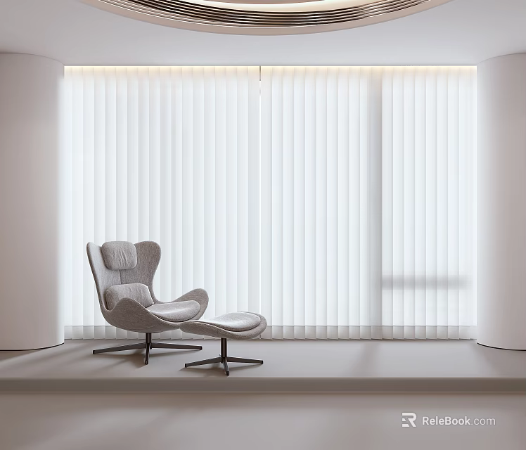 White Vertical Blinds in Modern Room with Grey Armchair and Natural Light 3d model 