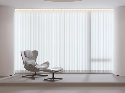 White Vertical Blinds in Modern Room with Grey Armchair and Natural Light 3d model