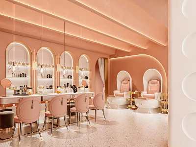 Pink Modern Beauty Salon Interior With Styling Chairs Mirrors And Counter 3d model
