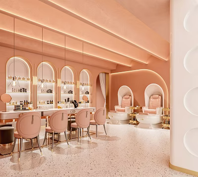Pink Modern Beauty Salon Interior With Styling Chairs Mirrors And Counter 3d model