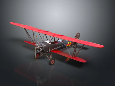 Vintage Red Biplane Model With Detailed Wings Fuselage And Propeller 3d model