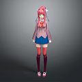 Game Movie Character Featuring Pink Hair Pink Coat Blue Skirt Red Stockings And White Shoes