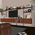 Wooden TV Stand with Storage Drawers and Decorative Plants Photo Frames in Living Room
