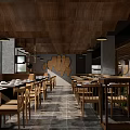 Chinese Style Restaurant Interior With Wooden Structure Circular Decoration Tables Chairs And Chandeliers
