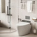 Modern Smart Toilet in Bathroom with Tile Walls Towel Rack Toilet Brush and Soap Dish