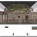 Traditional Chinese Restaurant With Wooden Tables Stools Hanging Green Plants Lanterns And Fu Decoration