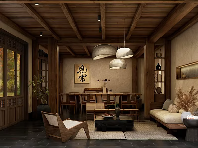 Traditional Chinese Teahouse Interior With Wooden Ceiling Hanging Lamps And Calligraphy Art 3d model