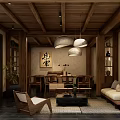Traditional Chinese Teahouse Interior With Wooden Ceiling Hanging Lamps And Calligraphy Art