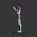 Game Movie Character with Purple Hair White Bodysuit Blue Lines Holding Smartphone on Pink Base