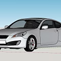 Silver Dynamic Sports Car Driving In Desert With Sunset Sky And Golden Wheels