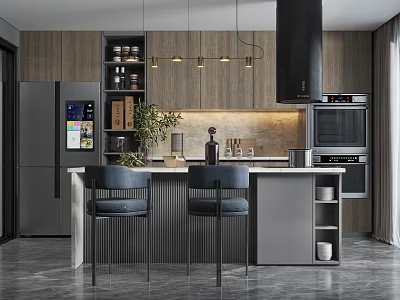Modern Kitchen Interior Design With Island Counter Chairs Pendant Lights Cabinets And Appliances 3d model