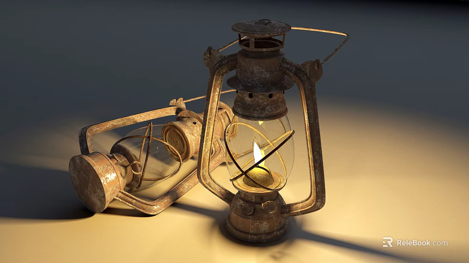 Vintage Metal Candle Lantern With Glass Shade Lit Wick And Warm Light 3d model 