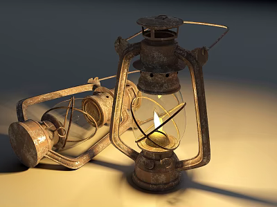 Vintage Metal Candle Lantern With Glass Shade Lit Wick And Warm Light 3d model
