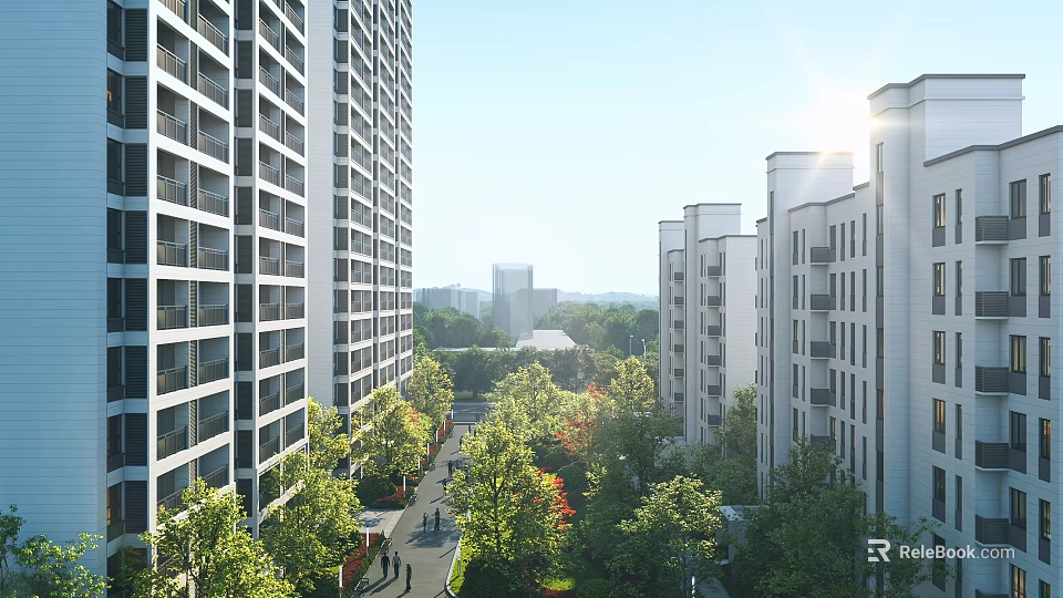 Modern High Rise Residential Buildings With Lush Green Trees Pathways and Pedestrians Under Bright Sunlight 3d model 