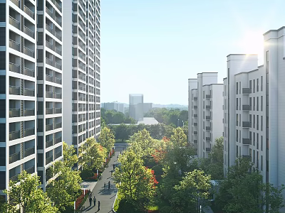 Modern High Rise Residential Buildings With Lush Green Trees Pathways and Pedestrians Under Bright Sunlight 3d model